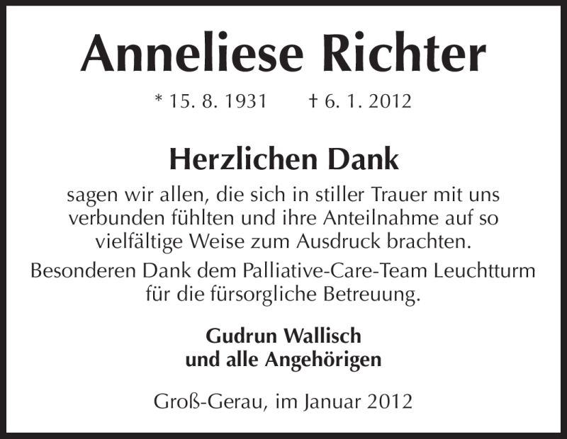  Traueranzeige für Anneliese Richter  vom 21.01.2012 aus Rüsselsheimer Echo, Groß-Gerauer-Echo, Ried Echo