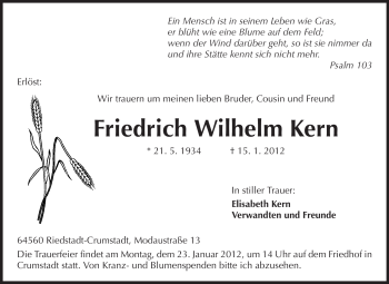 Traueranzeige von Friedrich Wilhelm Kern von Rüsselsheimer Echo, Groß-Gerauer-Echo, Ried Echo