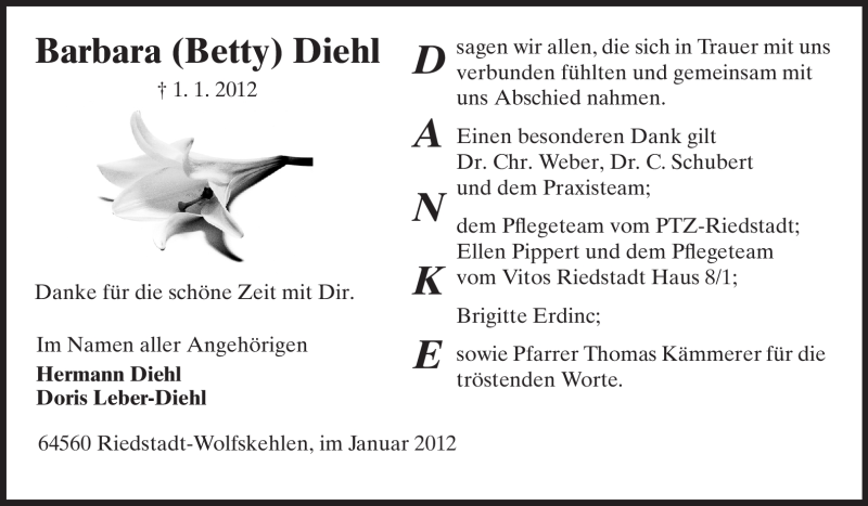  Traueranzeige für Barbara Diehl vom 18.01.2012 aus Rüsselsheimer Echo, Groß-Gerauer-Echo, Ried Echo