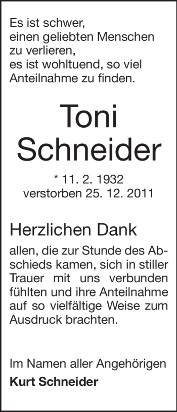Traueranzeige von Toni Schneider von Echo-Zeitungen (Gesamtausgabe)