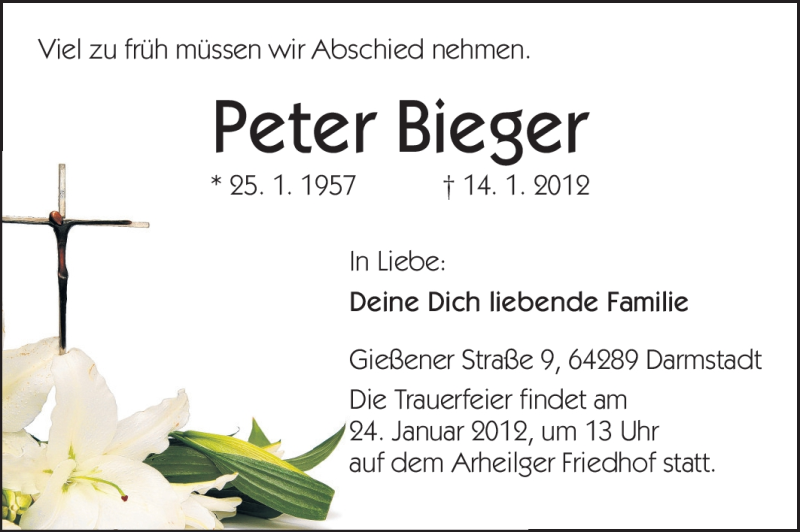  Traueranzeige für Peter Bieger vom 18.01.2012 aus Darmstädter Echo, Odenwälder Echo, Rüsselsheimer Echo, Groß-Gerauer-Echo, Ried Echo