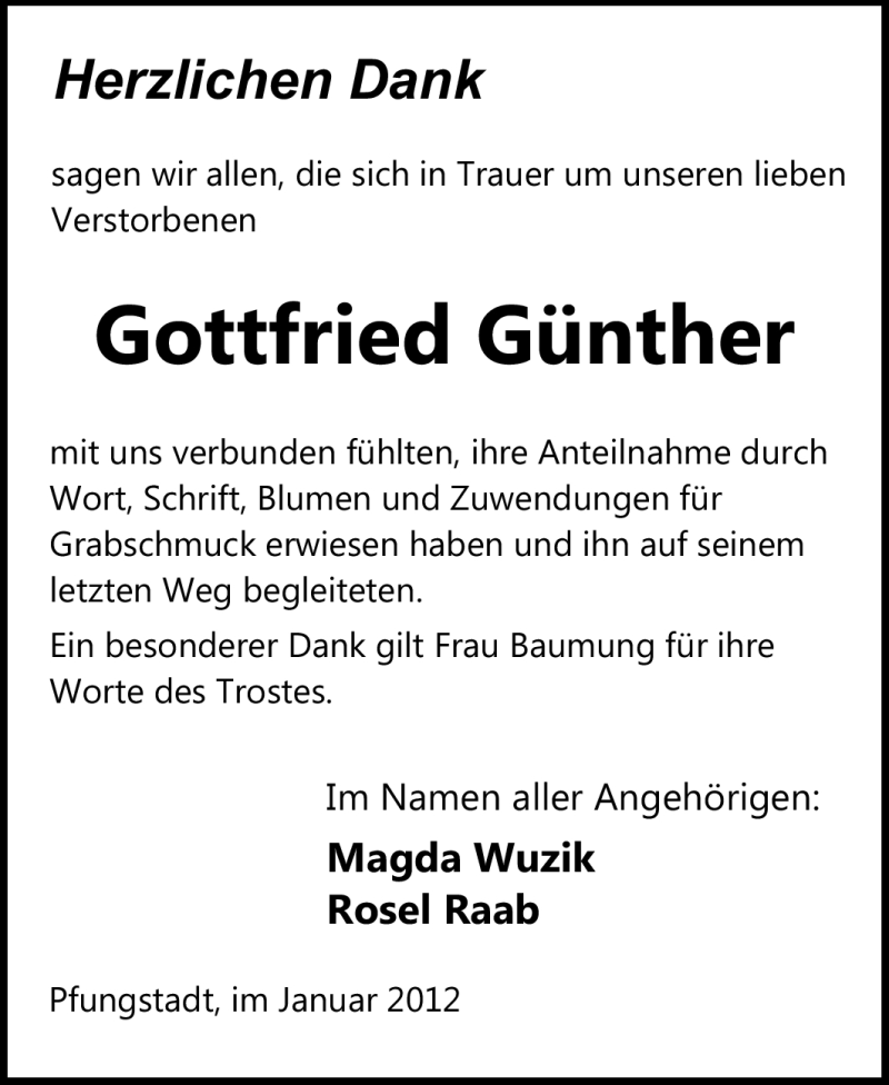  Traueranzeige für Gottfried Günther vom 21.01.2012 aus Echo-Zeitungen (Gesamtausgabe)