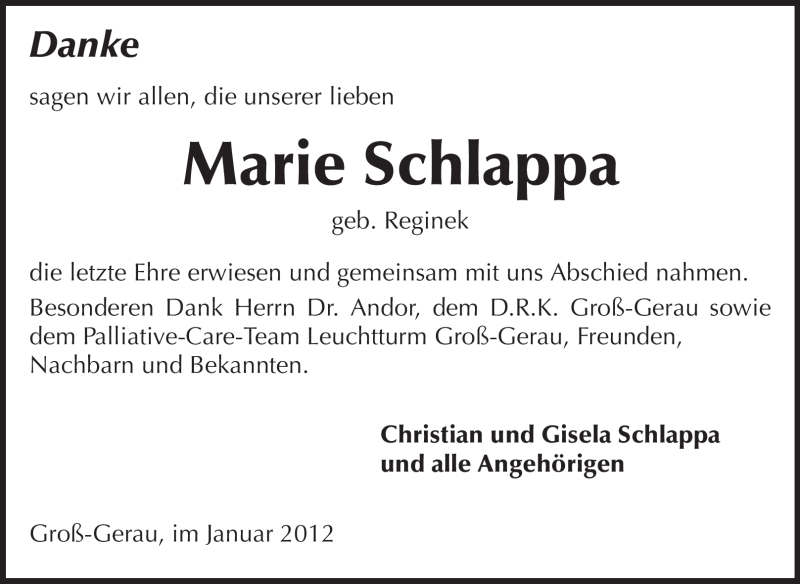  Traueranzeige für Marie Schlappa vom 21.01.2012 aus Rüsselsheimer Echo, Groß-Gerauer-Echo, Ried Echo