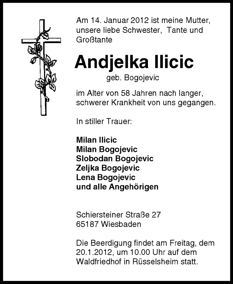  Traueranzeige für Andjelka Ilicic vom 18.01.2012 aus Rüsselsheimer Echo, Groß-Gerauer-Echo, Ried Echo