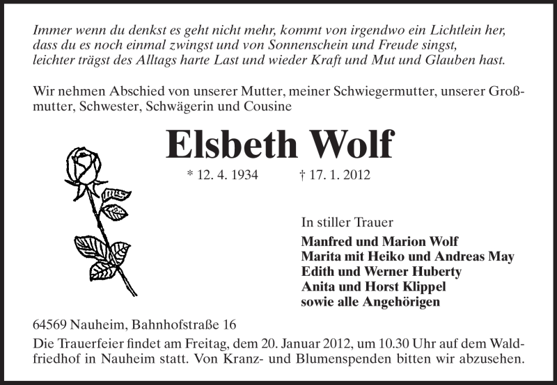  Traueranzeige für Elsbeth Wolf vom 18.01.2012 aus Rüsselsheimer Echo, Groß-Gerauer-Echo, Ried Echo