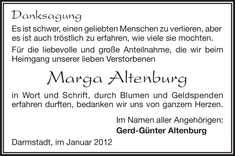  Traueranzeige für Marga Altenburg vom 21.01.2012 aus Echo-Zeitungen (Gesamtausgabe)