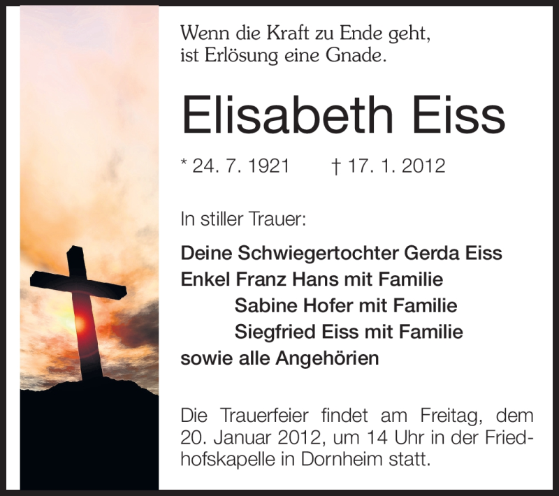  Traueranzeige für Elisabeth Eiss vom 18.01.2012 aus Rüsselsheimer Echo, Groß-Gerauer-Echo, Ried Echo
