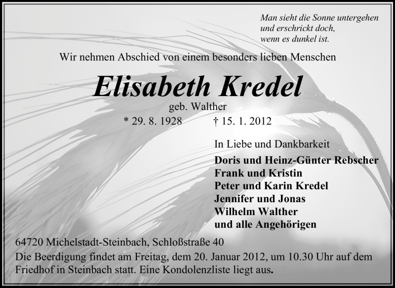  Traueranzeige für Elisabeth Kredel vom 18.01.2012 aus Odenwälder Echo