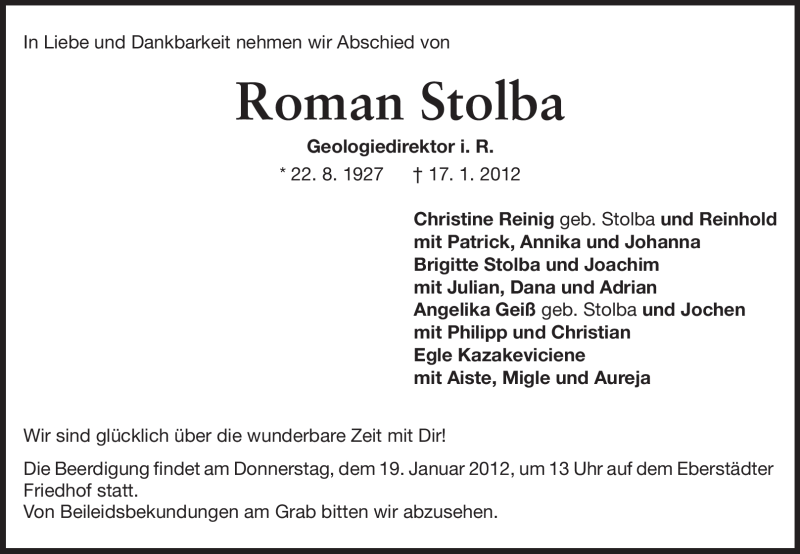  Traueranzeige für Roman Stolba vom 18.01.2012 aus Echo-Zeitungen (Gesamtausgabe)