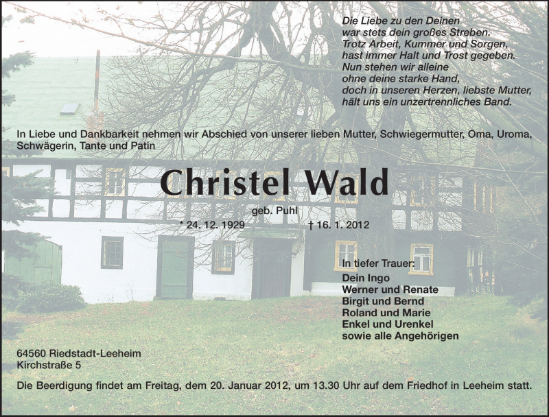  Traueranzeige für Christel Wald vom 19.01.2012 aus Echo-Zeitungen (Gesamtausgabe)