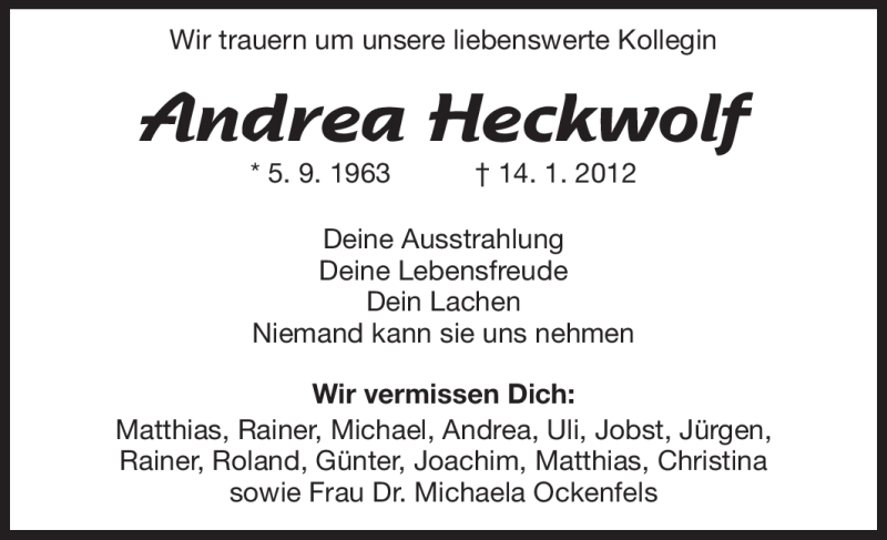  Traueranzeige für Andrea Heckwolf vom 19.01.2012 aus Echo-Zeitungen (Gesamtausgabe)