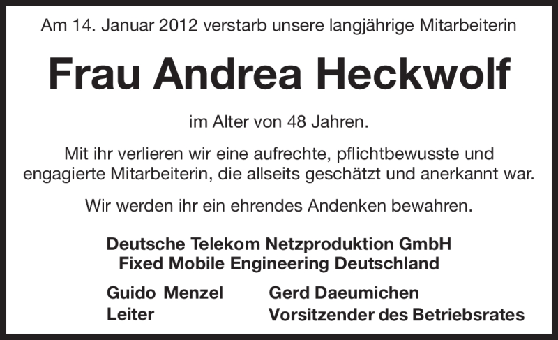  Traueranzeige für Andrea Heckwolf vom 19.01.2012 aus Echo-Zeitungen (Gesamtausgabe)