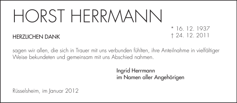  Traueranzeige für Horst Herrmann vom 21.01.2012 aus Rüsselsheimer Echo, Groß-Gerauer-Echo, Ried Echo