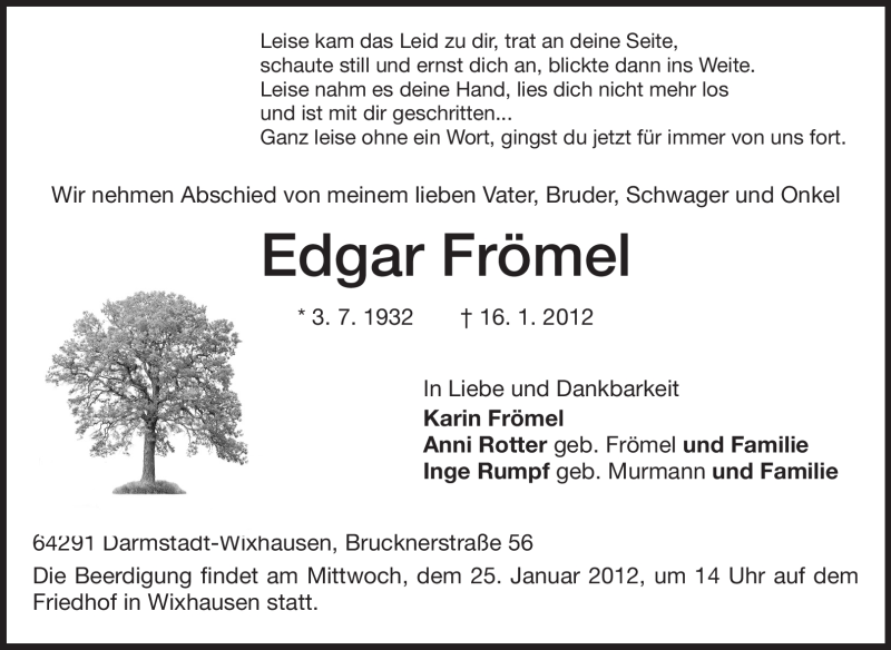  Traueranzeige für Edgar Frömel vom 21.01.2012 aus Echo-Zeitungen (Gesamtausgabe)