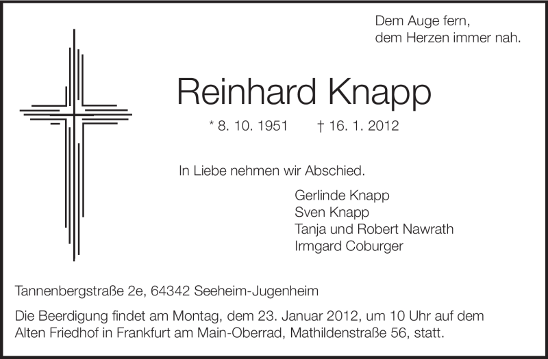  Traueranzeige für Reinhard Knapp vom 19.01.2012 aus Echo-Zeitungen (Gesamtausgabe)
