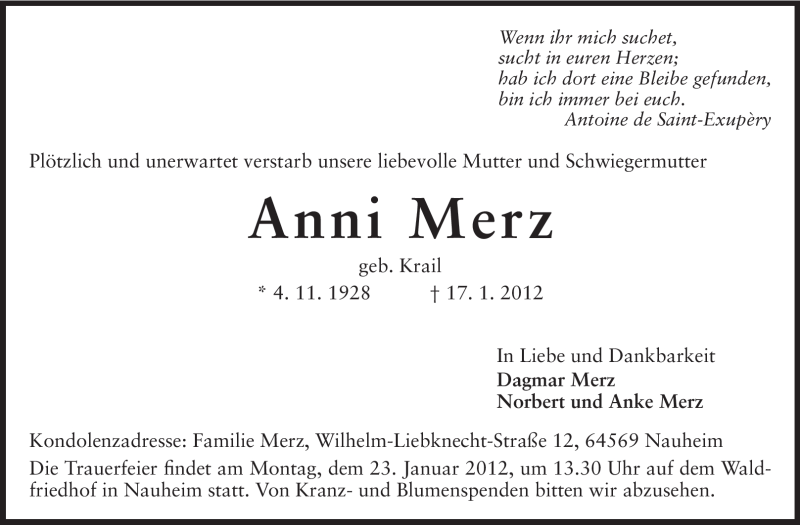  Traueranzeige für Anni Merz vom 20.01.2012 aus Rüsselsheimer Echo, Groß-Gerauer-Echo, Ried Echo