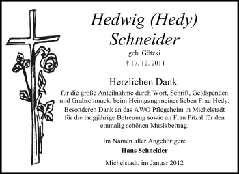Traueranzeige von Hedwig Schneider von Odenwälder Echo
