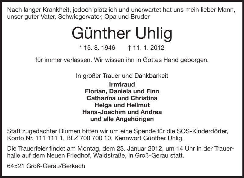  Traueranzeige für Günther Uhlig vom 19.01.2012 aus Darmstädter Echo, Odenwälder Echo, Rüsselsheimer Echo, Groß-Gerauer-Echo, Ried Echo