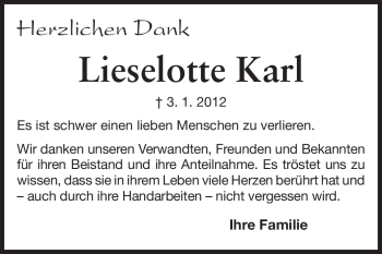 Traueranzeige von Lieselotte Karl von Echo-Zeitungen (Gesamtausgabe)