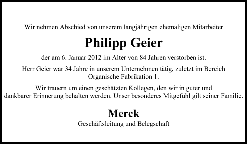  Traueranzeige für Philipp Geier vom 20.01.2012 aus Echo-Zeitungen (Gesamtausgabe)