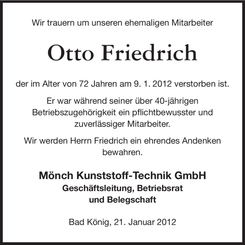  Traueranzeige für Otto Friedrich vom 21.01.2012 aus Odenwälder Echo