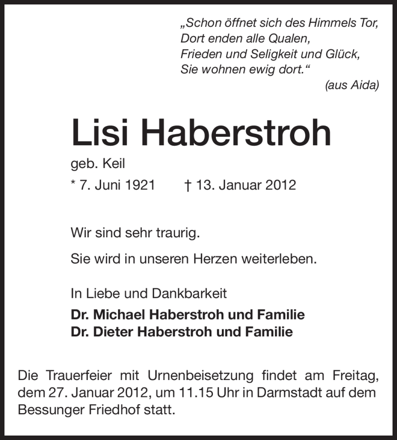  Traueranzeige für Lisi Haberstroh vom 21.01.2012 aus Darmstädter Echo, Odenwälder Echo, Rüsselsheimer Echo, Groß-Gerauer-Echo, Ried Echo