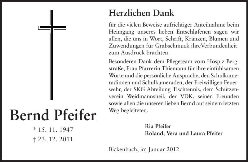  Traueranzeige für Bernd Pfeifer vom 21.01.2012 aus Echo-Zeitungen (Gesamtausgabe)