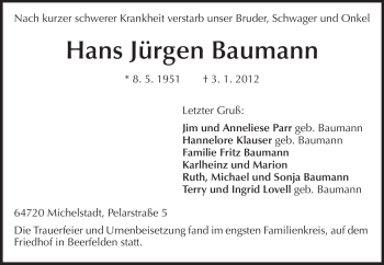 Traueranzeige von Hans Jürgen Baumann von Odenwälder Echo