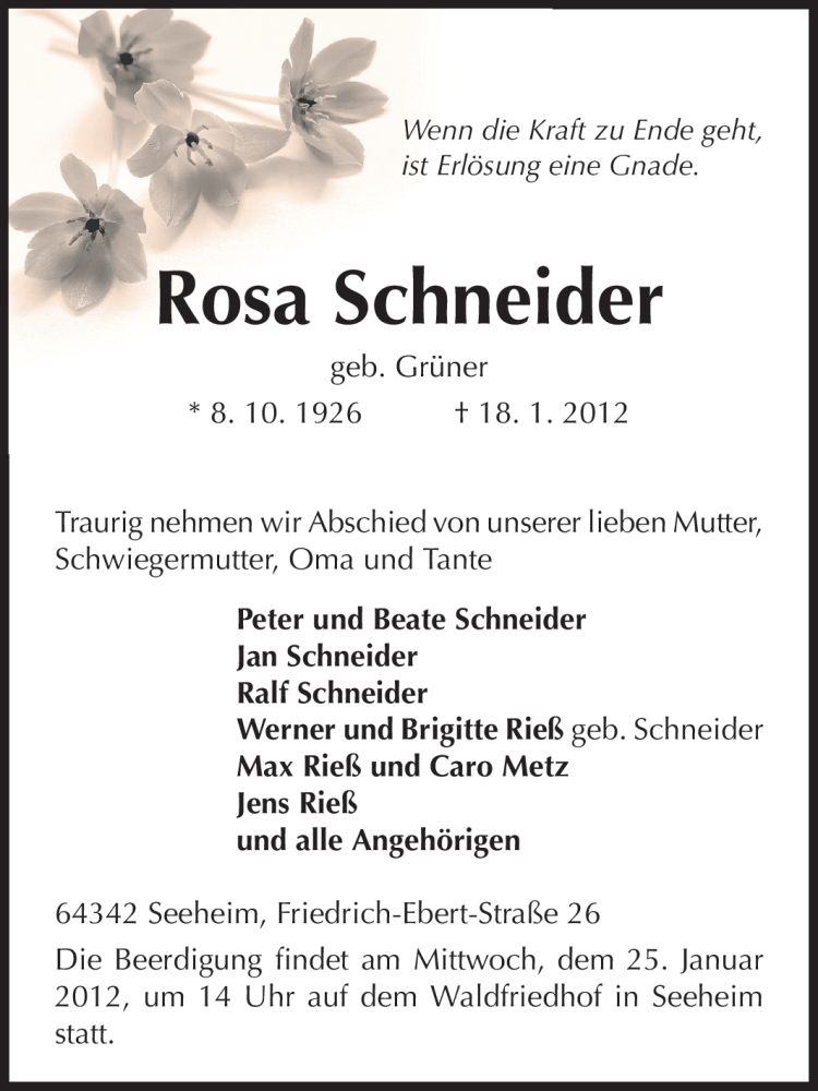  Traueranzeige für Rosa Schneider vom 20.01.2012 aus Echo-Zeitungen (Gesamtausgabe)