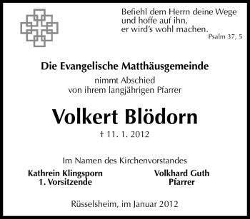 Traueranzeige von Volkert Blödorn von Rüsselsheimer Echo, Groß-Gerauer-Echo, Ried Echo