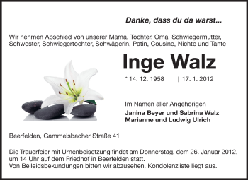 Traueranzeige von Inge Walz von Odenwälder Echo