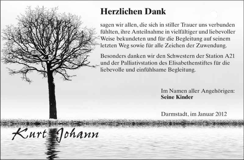  Traueranzeige für Kurt Johann vom 28.01.2012 aus Echo-Zeitungen (Gesamtausgabe)