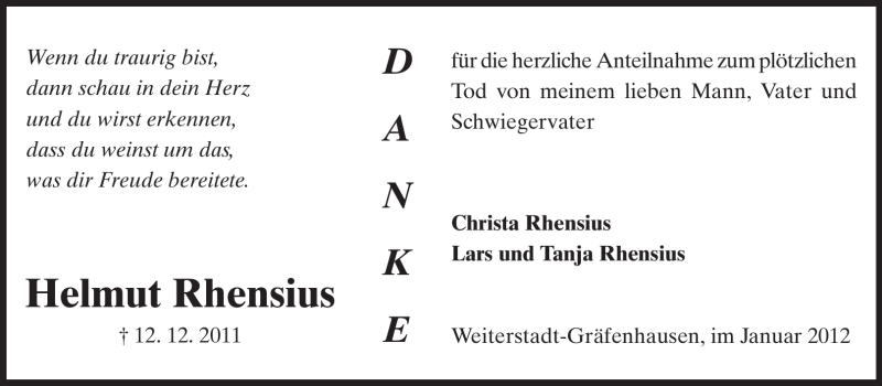  Traueranzeige für Helmut Rhensius vom 21.01.2012 aus Echo-Zeitungen (Gesamtausgabe)