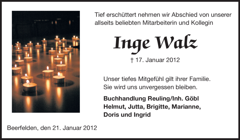  Traueranzeige für Inge Walz vom 21.01.2012 aus Odenwälder Echo