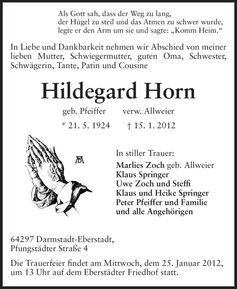  Traueranzeige für Hildegard Horn vom 21.01.2012 aus Echo-Zeitungen (Gesamtausgabe)