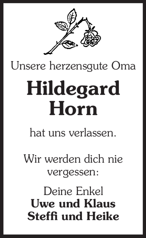  Traueranzeige für Hildegard Horn vom 21.01.2012 aus Echo-Zeitungen (Gesamtausgabe)