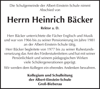 Traueranzeige von Heinrich Becker von Echo-Zeitungen (Gesamtausgabe)