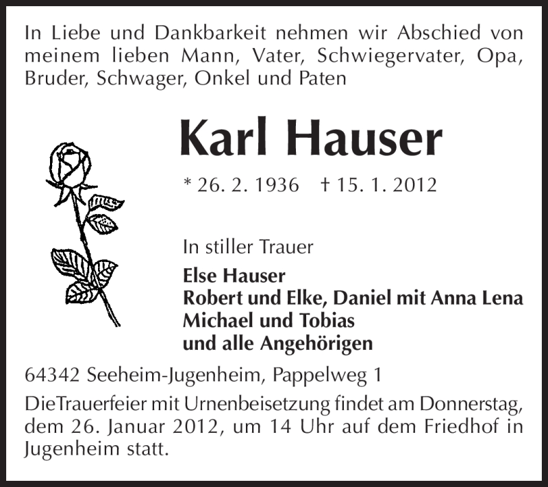  Traueranzeige für Karl Hauser vom 21.01.2012 aus Echo-Zeitungen (Gesamtausgabe)