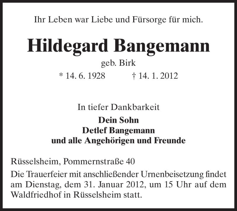  Traueranzeige für Hildegard Bangemann vom 21.01.2012 aus Rüsselsheimer Echo, Groß-Gerauer-Echo, Ried Echo