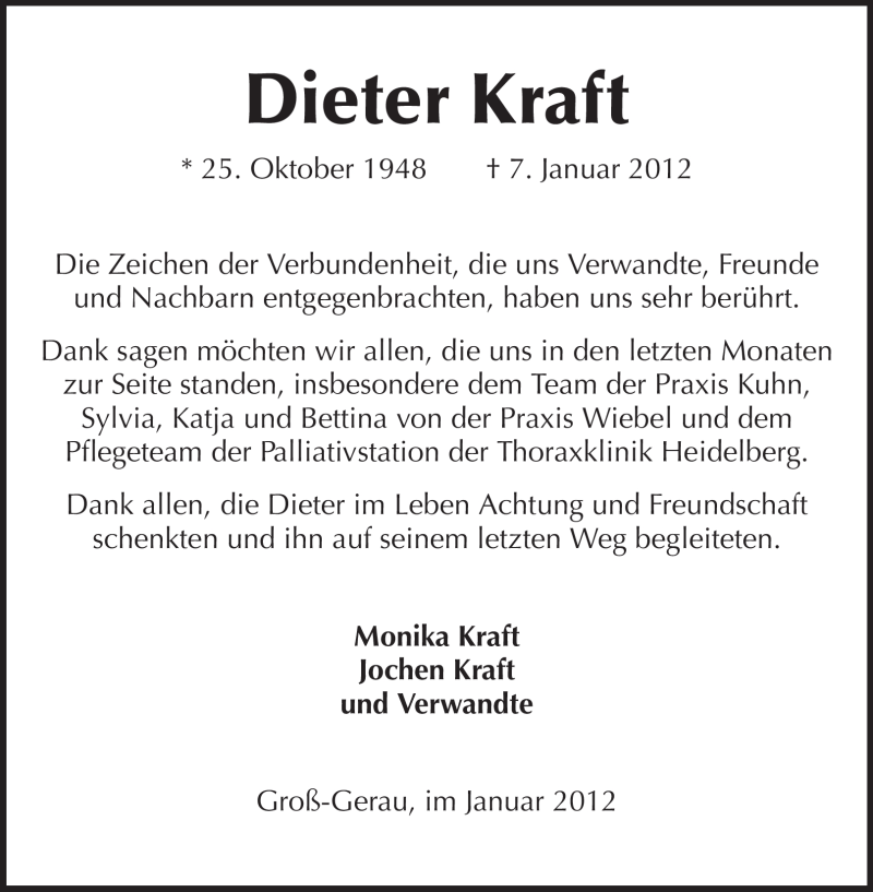  Traueranzeige für Dieter Kraft vom 21.01.2012 aus Rüsselsheimer Echo, Groß-Gerauer-Echo, Ried Echo