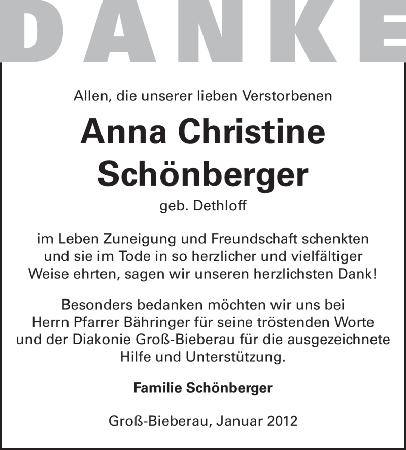  Traueranzeige für Anna Christine Schönberger vom 21.01.2012 aus Echo-Zeitungen (Gesamtausgabe)