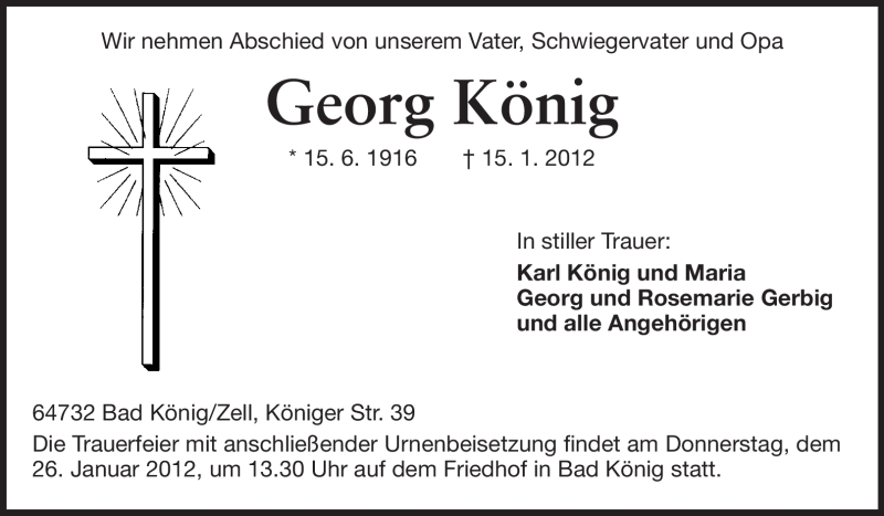 Traueranzeige für Georg König vom 24.01.2012 aus Odenwälder Echo