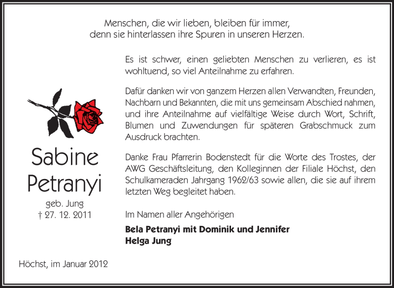  Traueranzeige für Sabine Petranyi vom 21.01.2012 aus Odenwälder Echo
