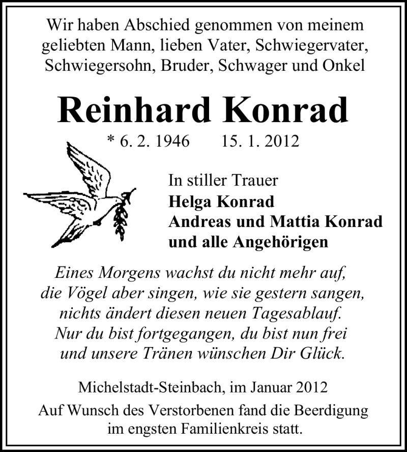  Traueranzeige für Reinhard Konrad vom 21.01.2012 aus Odenwälder Echo