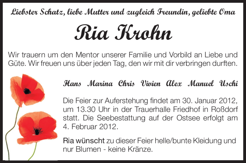  Traueranzeige für Ria Krohn vom 21.01.2012 aus Echo-Zeitungen (Gesamtausgabe)