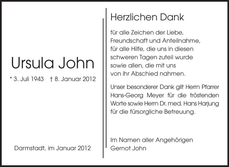  Traueranzeige für Ursula John vom 25.01.2012 aus Echo-Zeitungen (Gesamtausgabe)