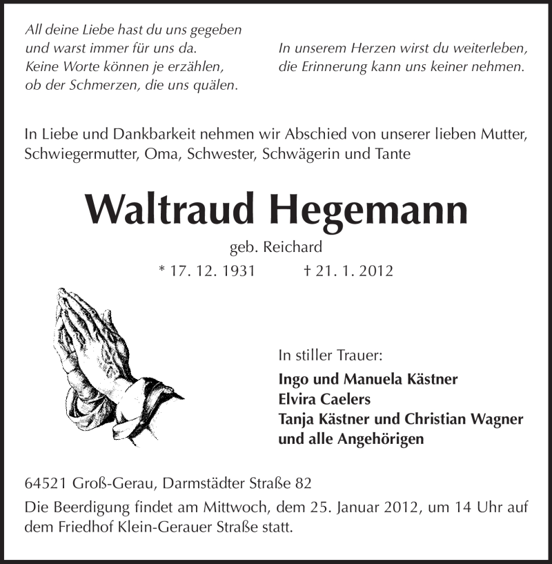  Traueranzeige für Waltraud Hegemann vom 23.01.2012 aus Rüsselsheimer Echo, Groß-Gerauer-Echo, Ried Echo