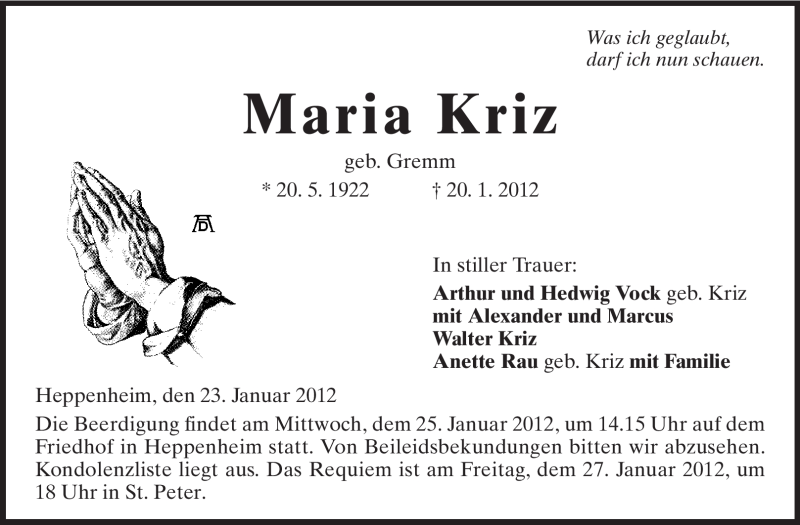  Traueranzeige für Maria Kriz vom 23.01.2012 aus Starkenburger Echo