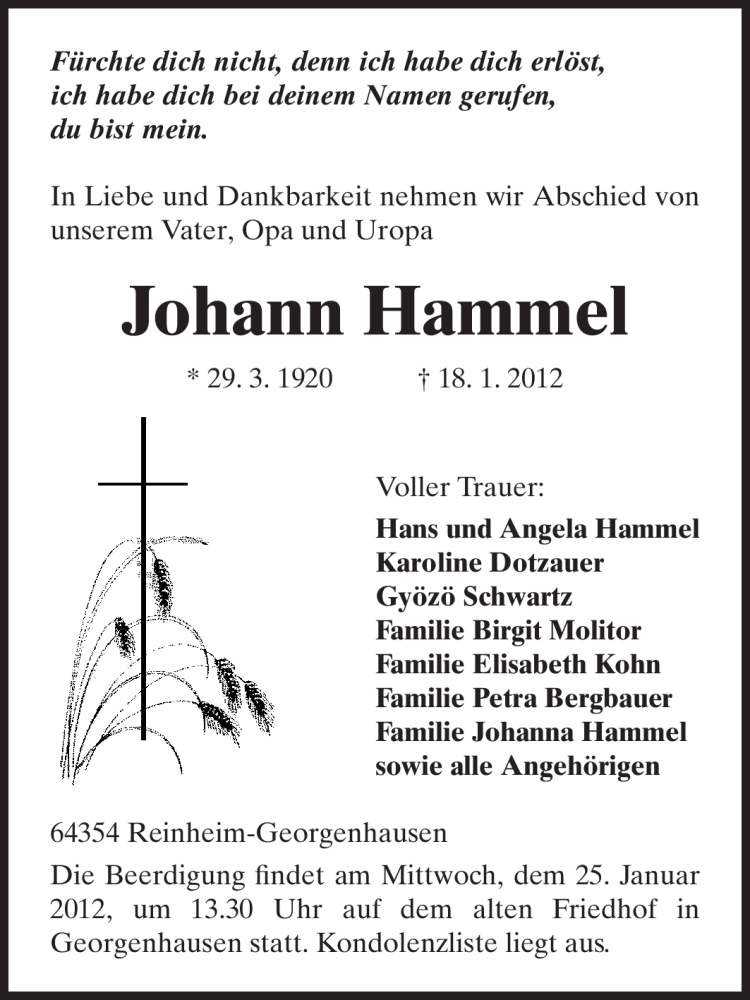  Traueranzeige für Johann Hammel vom 23.01.2012 aus Echo-Zeitungen (Gesamtausgabe)