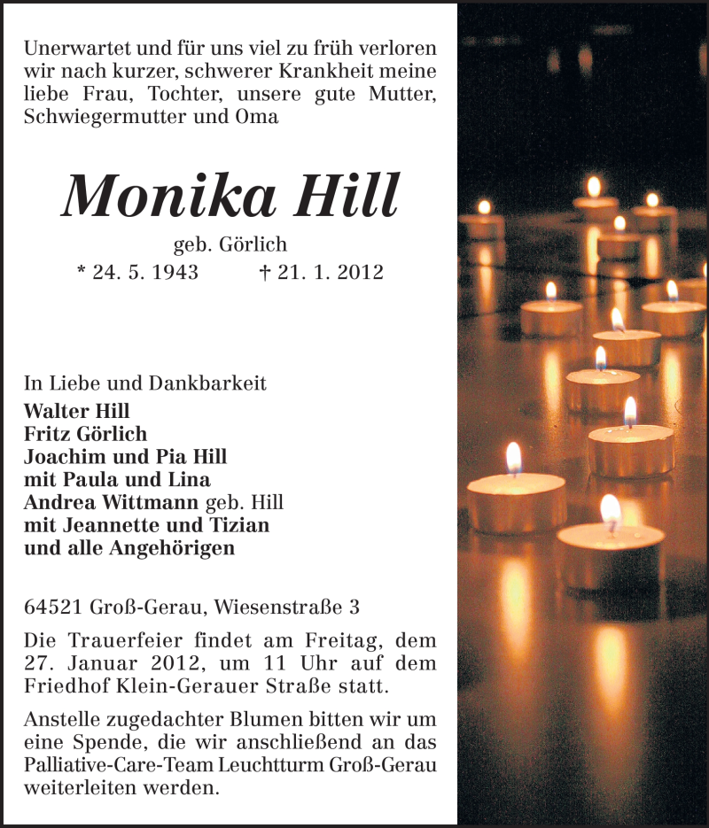  Traueranzeige für Monika Hill vom 24.01.2012 aus Rüsselsheimer Echo, Groß-Gerauer-Echo, Ried Echo